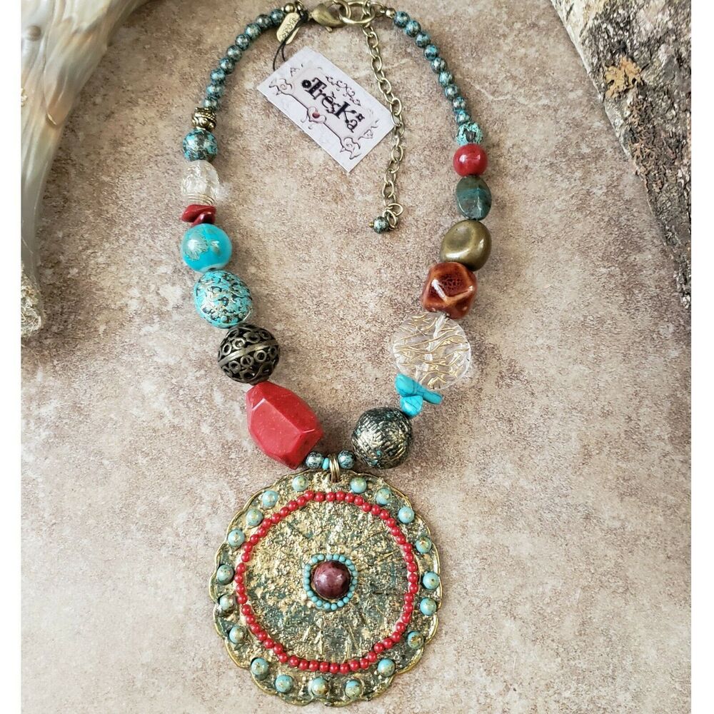 TRESKA beaded bead medallion bohemian boho tribal statement choker necklace NEW - Picture 3 of 3